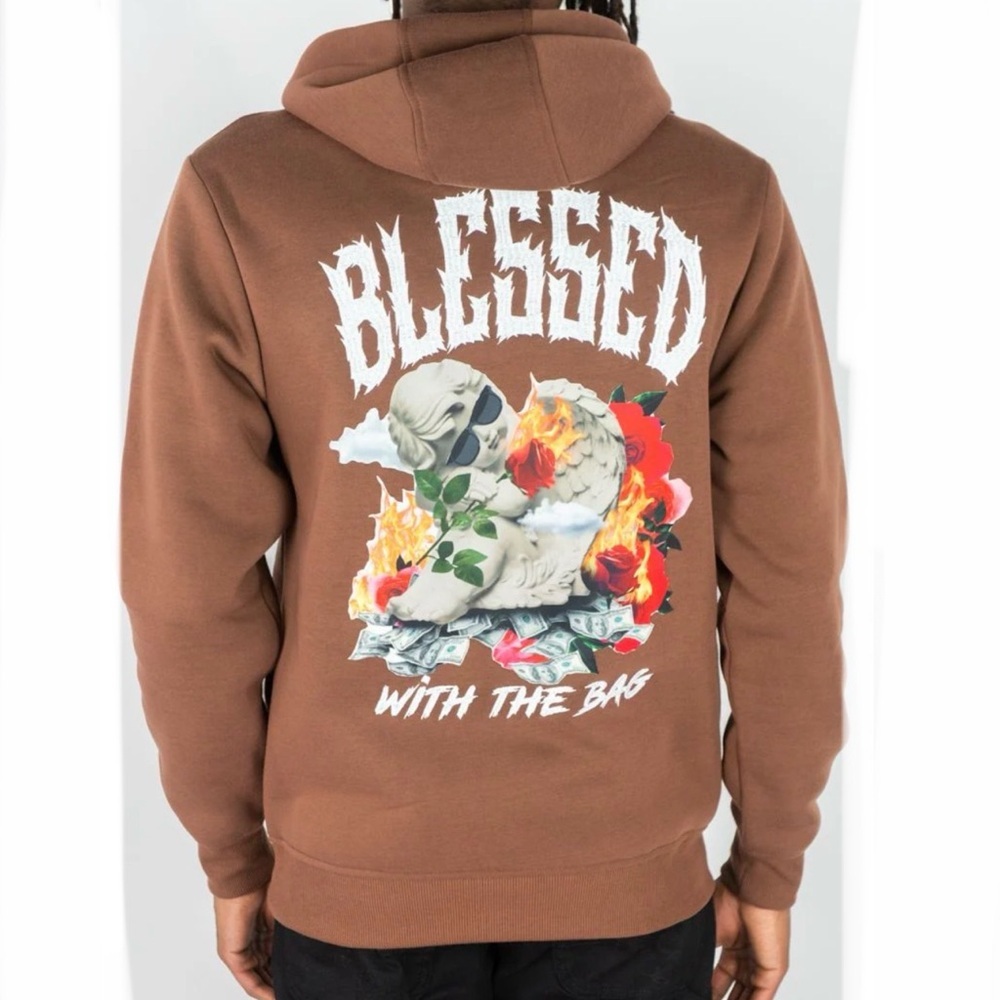 Rebel Minds Brown‎ “Blessed w/ the Bag” Graphic Fleece Lined Hoodie (M)